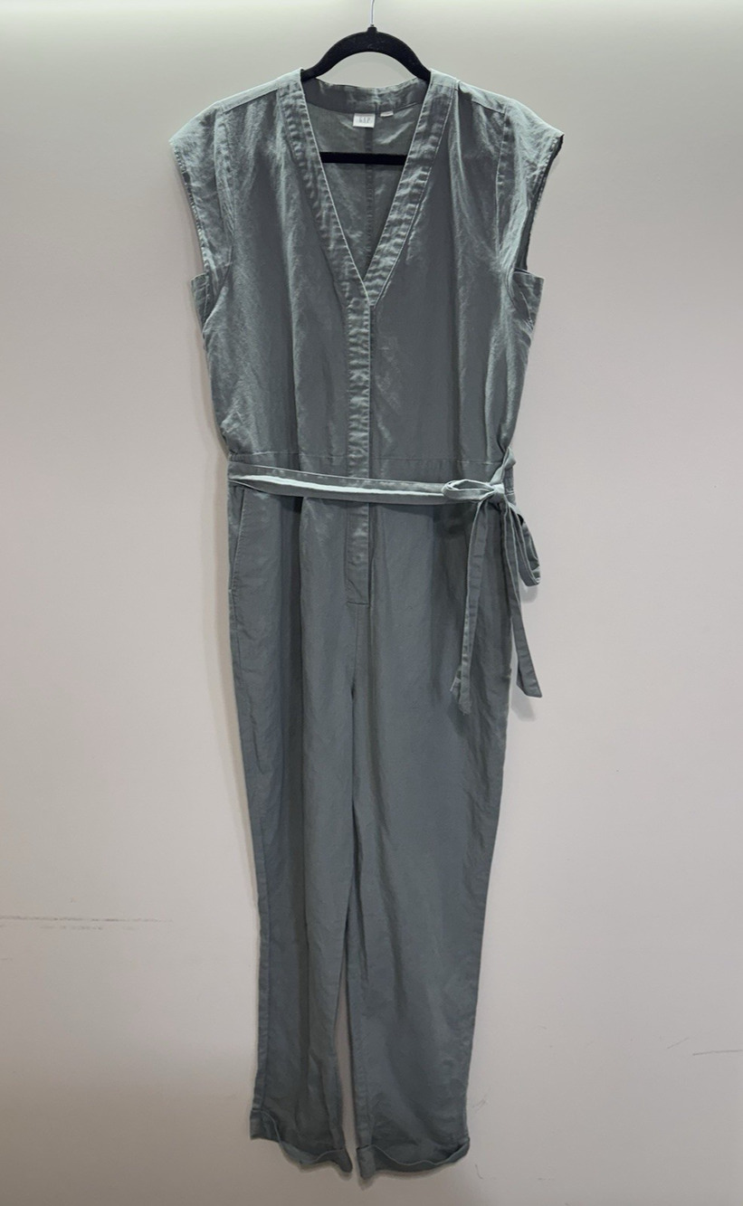 GAP Jumpsuit Women's Size 10 Gray Short Sleeve Snap Closure Linen Cotton Blend